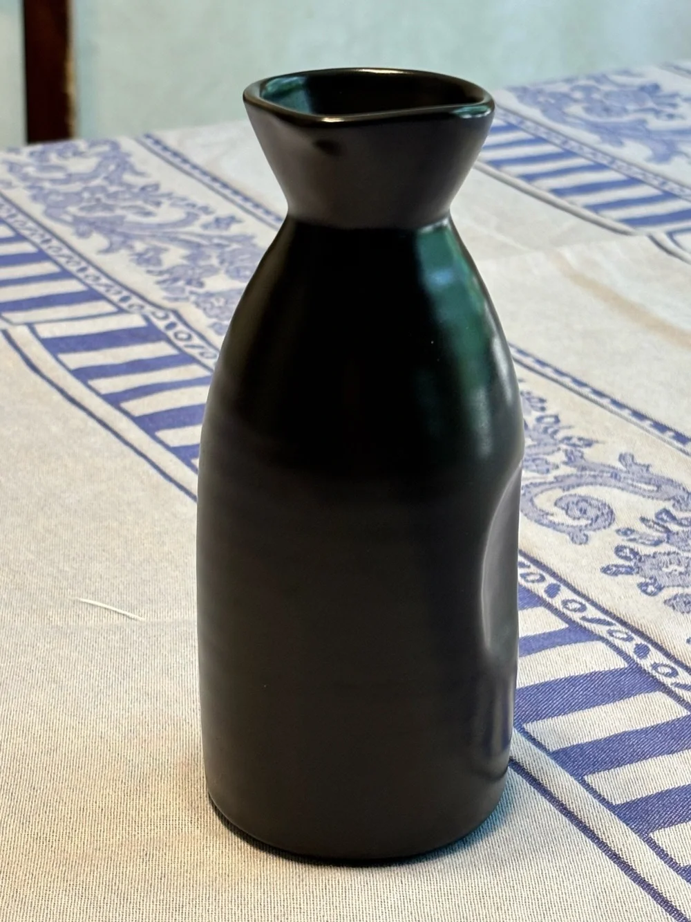 Vintage Asian Black Ceramic Calligraphy Bottle Vase Raised Script Red Seal 6.5”